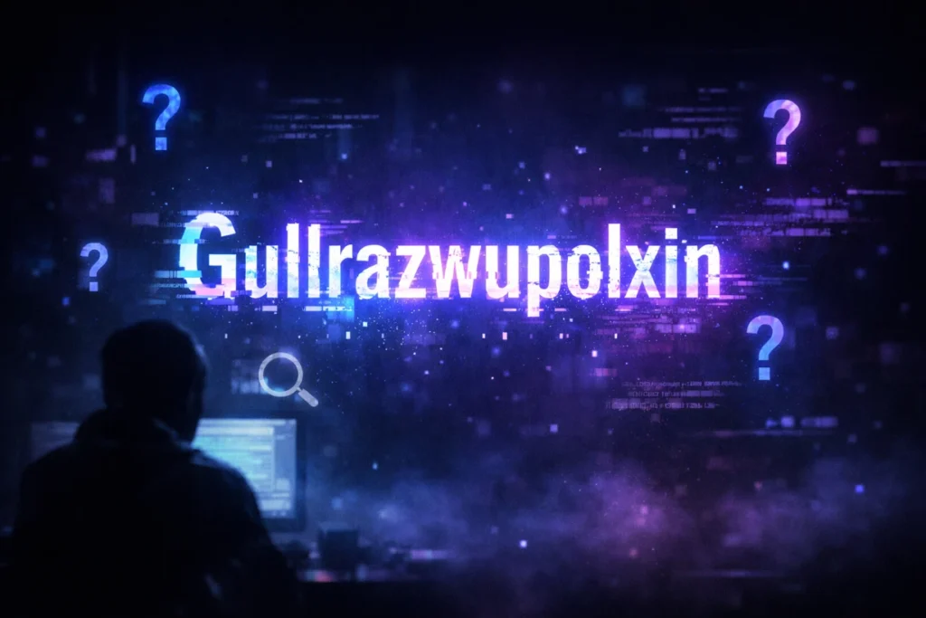 Glowing abstract Gullrazwupolxin text with glitch effects in a dark cyberpunk digital scene.