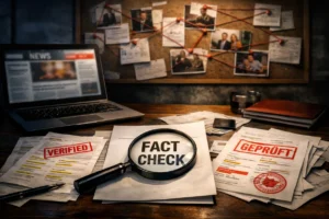 Fact-check investigation desk with documents, magnifying glass, and verification stamps in newsroom scene.
