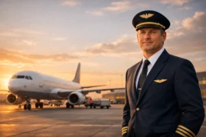 Airline pilot in uniform standing on runway near passenger jet at sunset, aviation career portrait.