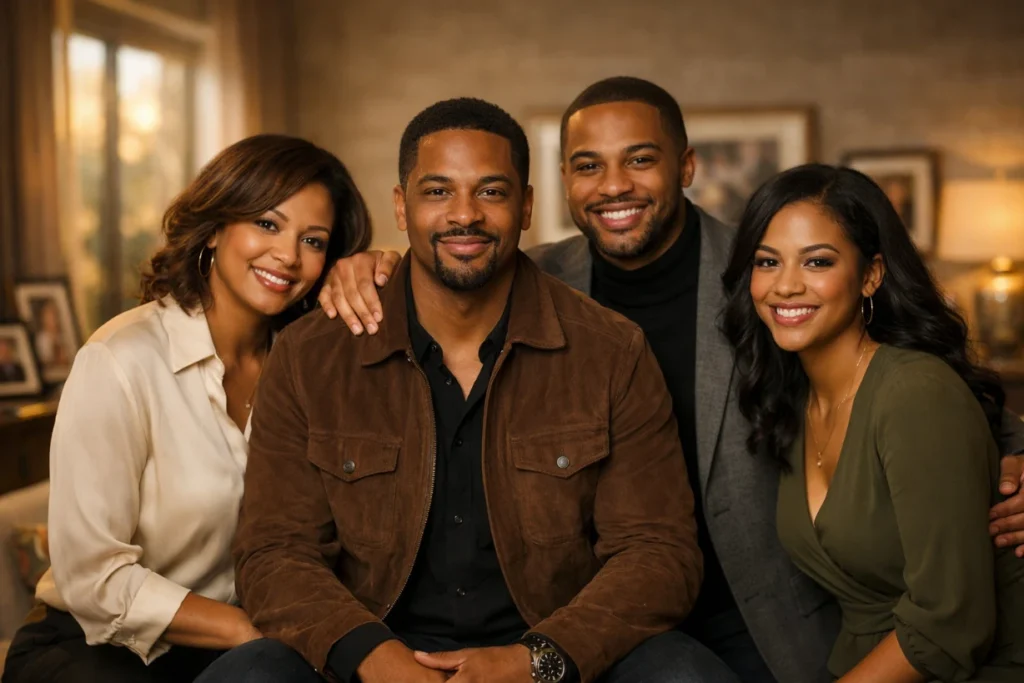 African-American man with siblings smiling in a warm, stylish living room family portrait.