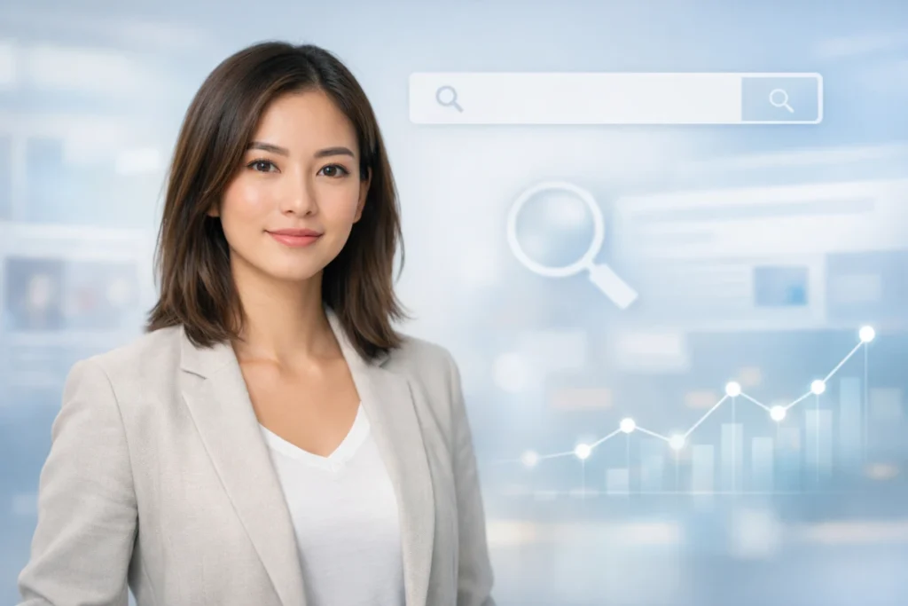 Professional portrait of a confident young woman in blazer with digital search-themed background.