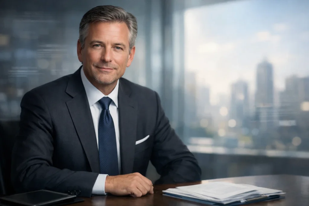 Professional businessman in suit standing in modern office with city skyline background.