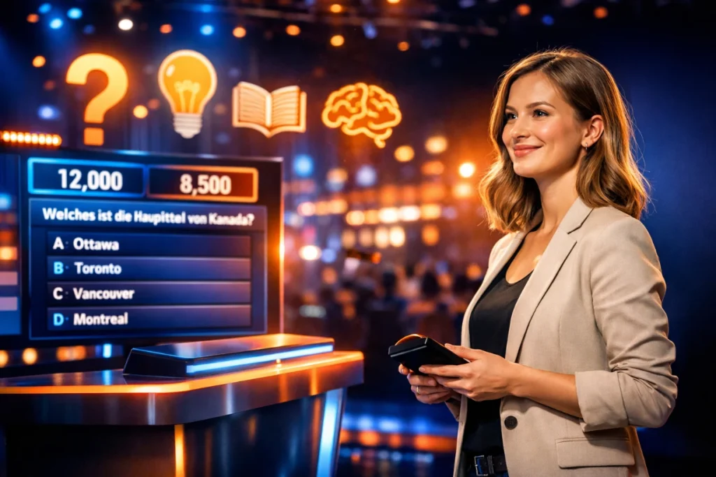 Confident female quiz contestant at glowing podium in vibrant TV game show studio with digital screens.