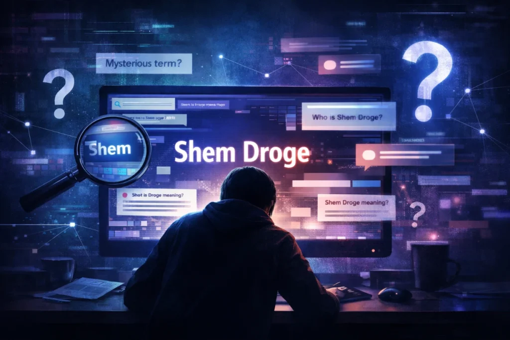 Person researching “Shem Droge” on a glowing screen with floating questions and digital clues.