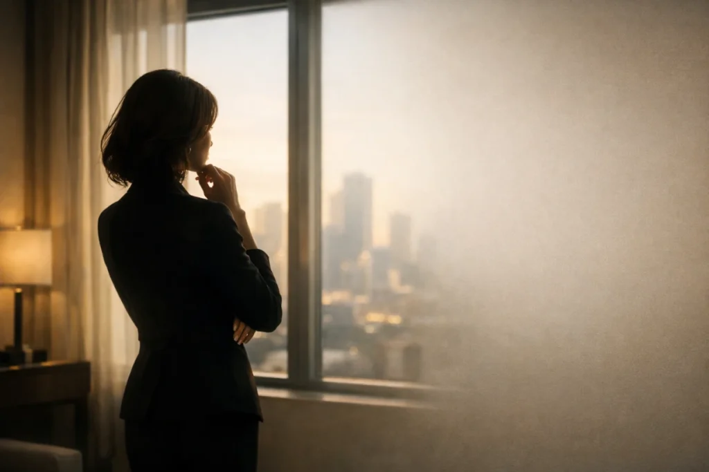 Elegant woman silhouette by a softly lit window, symbolizing mystery, privacy, and a personal story background.
