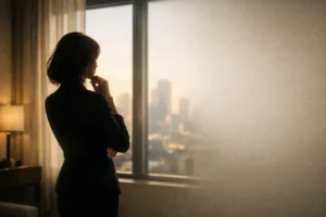Elegant woman silhouette by a softly lit window, symbolizing mystery, privacy, and a personal story background.