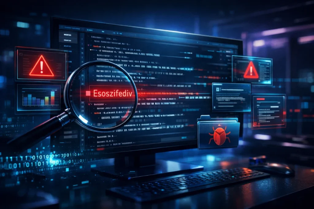 Glowing computer screen showing suspicious file highlighted inside complex cybersecurity code.
